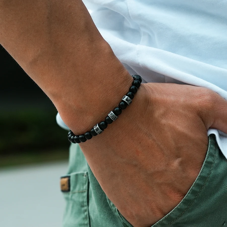 Vintage Men Apparel Accessories Bracelet Buddhist Runes Natural Onyx Lava Stone Beads Hand Decoration Meditation Homme Jewelry