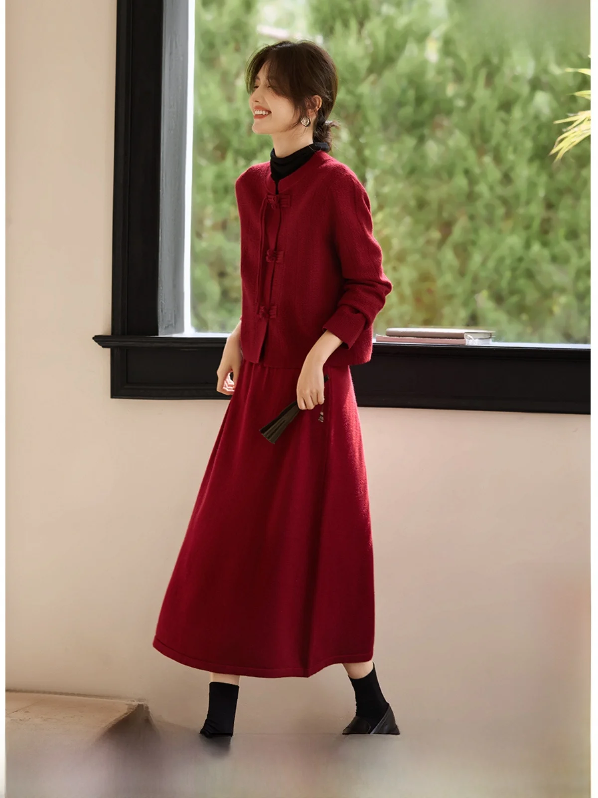 

Ele красный вязаный комплект XWI, новогодний ансамбль Faion для женщин, комплект из двух предметов, китайский национальный зимний наряд