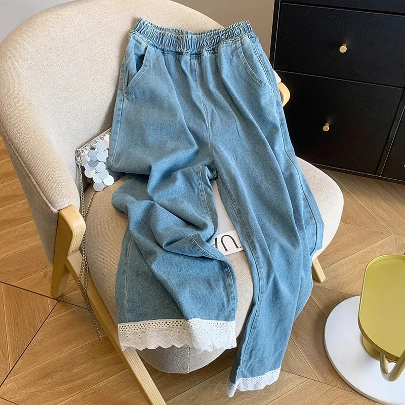 

Широкие джинсы с тонкой кружевной отделкой в стиле ретро, женские длинные брюки с высокой талией для похудения, повседневные широкие джинсы с высокой талией, летний сезон