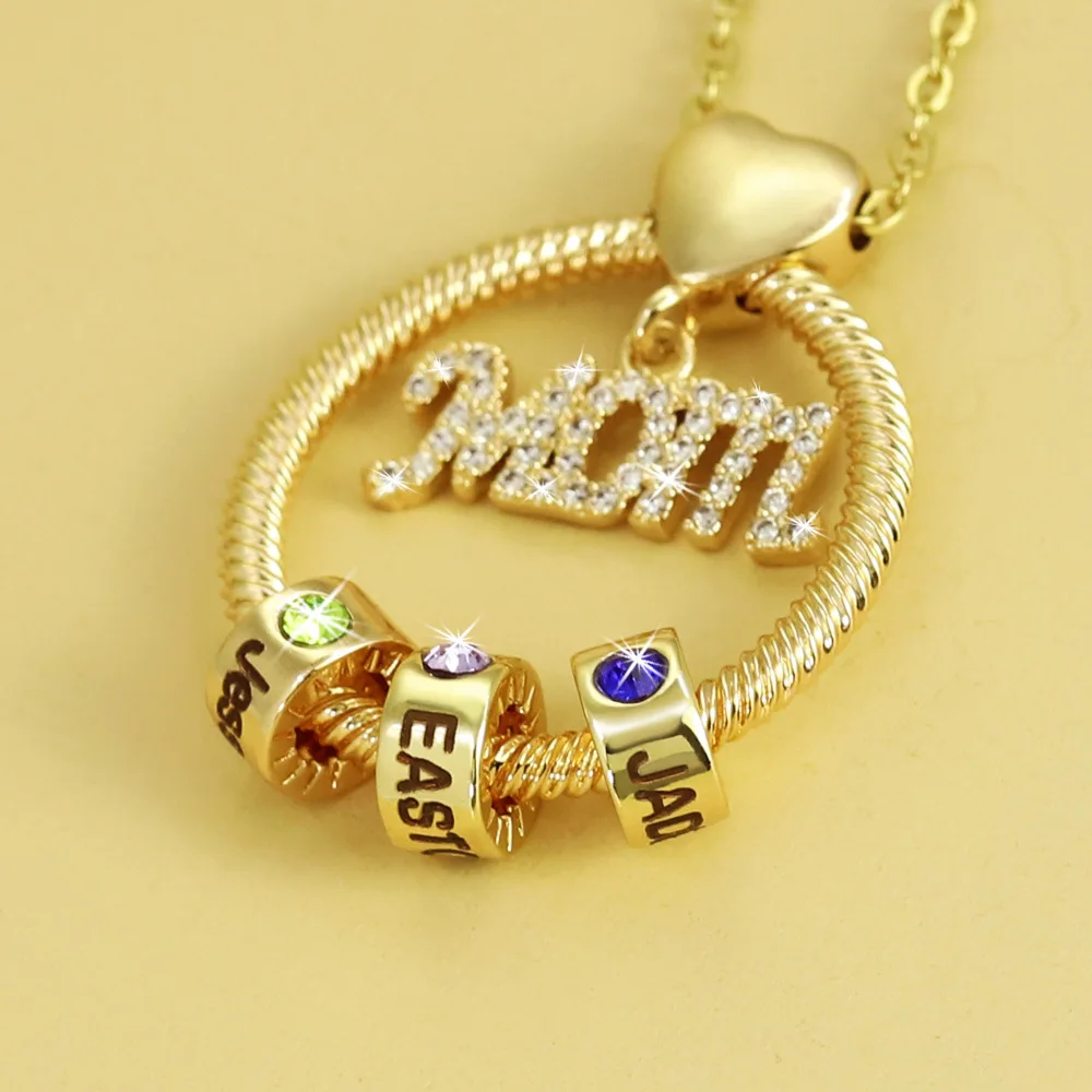 

Custom Necklace Mother's Day Gift Customized Names Necklace with Birth Stone Personalized Mom Necklace Engrave Beads for Woman