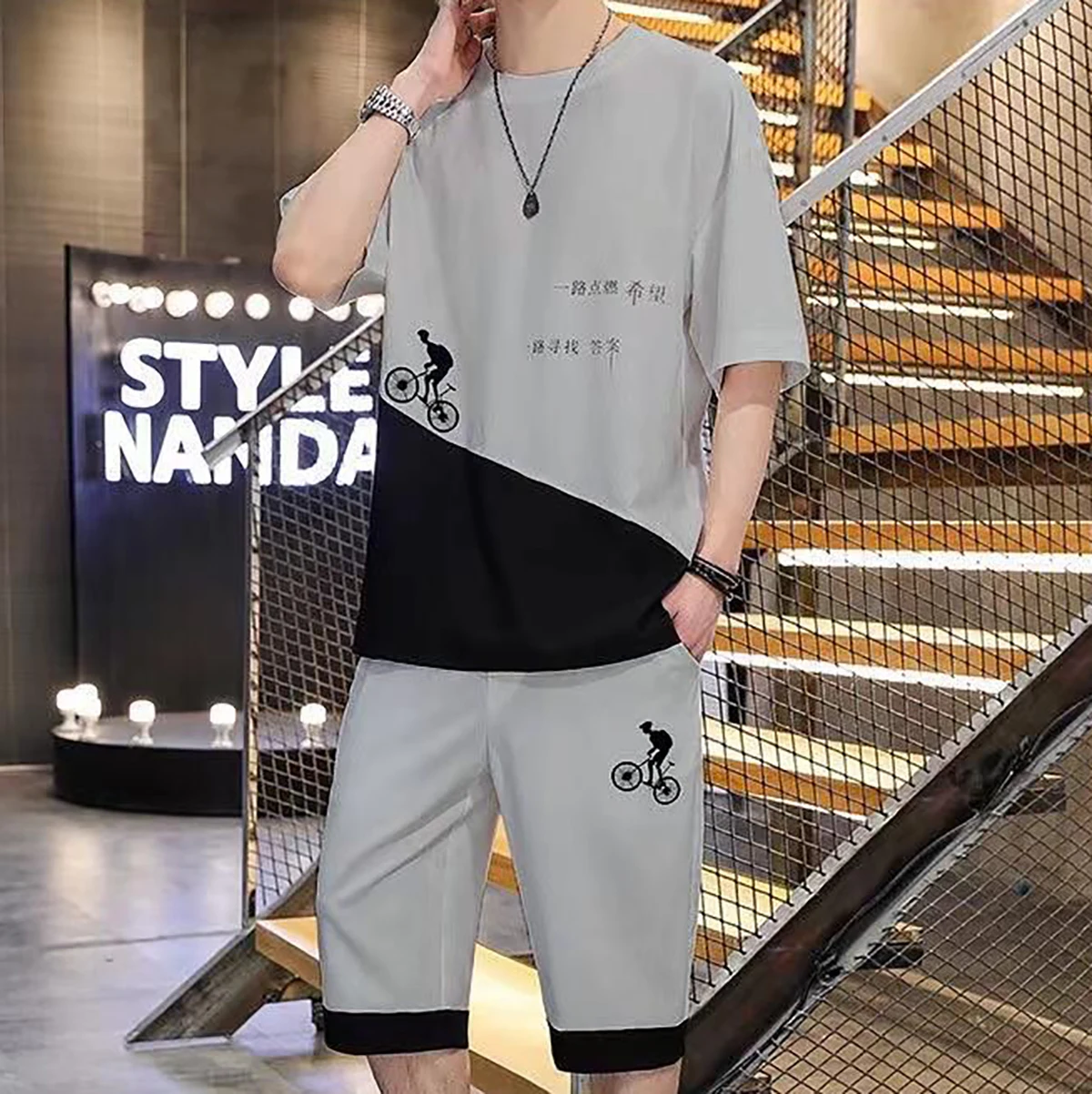 Men's Short Sleeved T-shirt With Two Tone Chinese Style Pattern Printed Five Quarter Pants Summer Youth Student Clothing