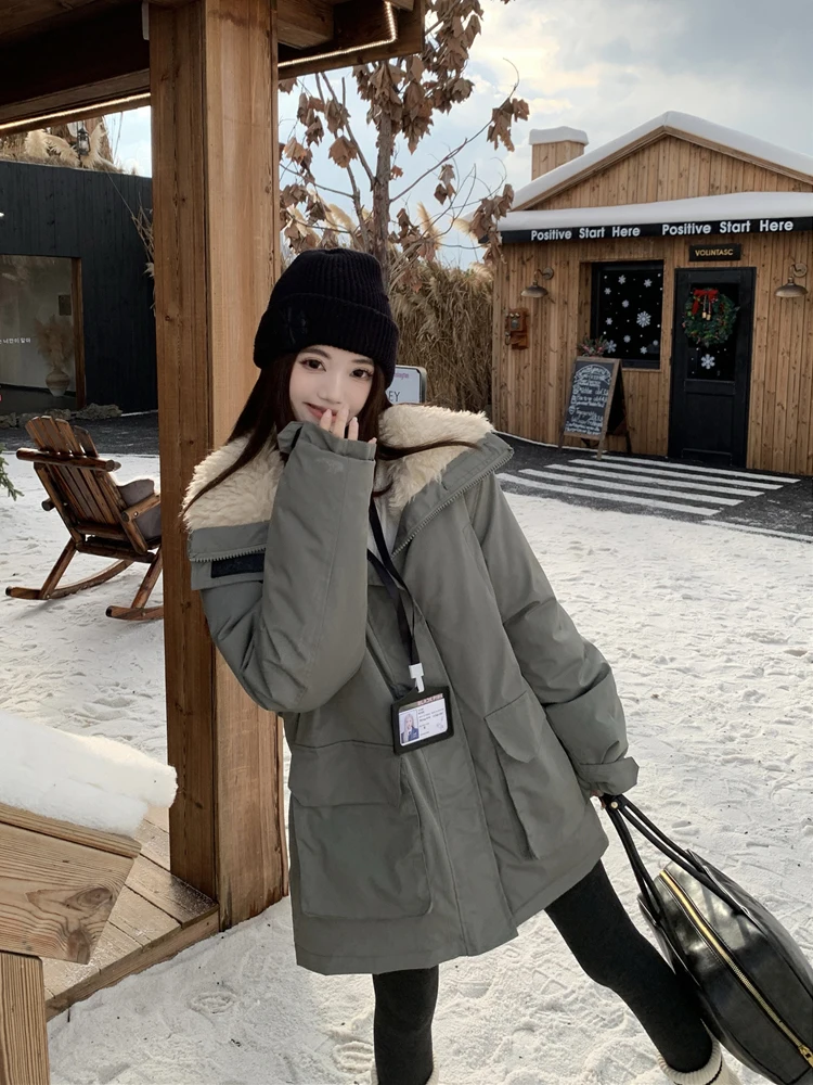 

Thiened Long Sve Lamb Fur Jaet Women's Cotton Coat Loose Parka Sle Spring New Arrival Warm Cotton Clothing