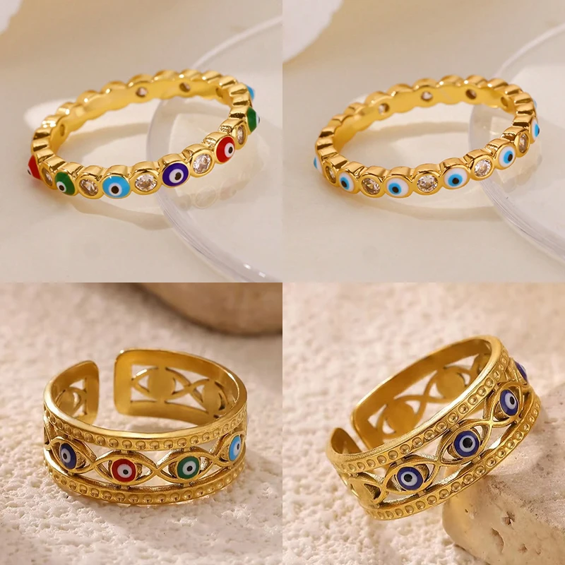 Bunte Emaille Evil Eye Ringe für Frauen Gold Farbe Edelstahl Retro geometrische Evil Eye Ring Hochzeit Weihnachten Schmuck Geschenk