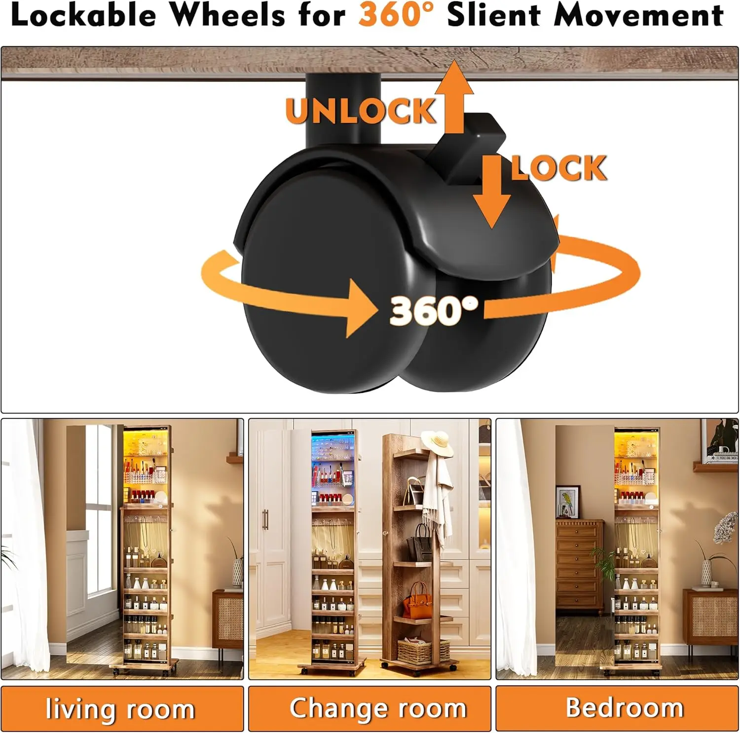 360° Rotating 63''LED Jewelry Armoire, Full Length Mirror with Jewelry Storage Rear Storage Shelves