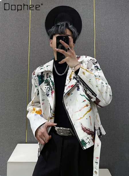 

2026 Spring Autumn New Men American Street Biker Style Ink Splash Print White Casual Zip Up Jacket for Daily Wear