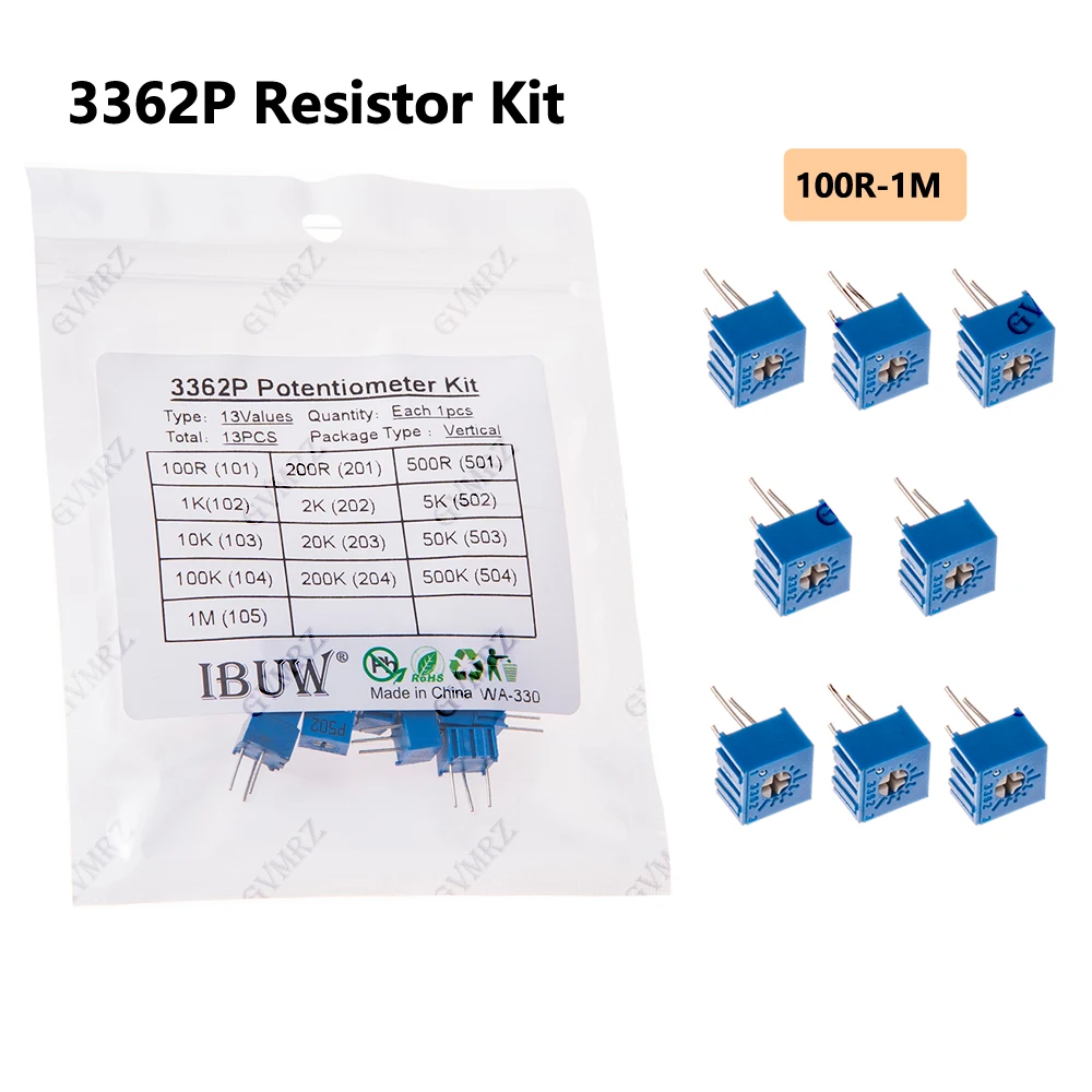 13-teiliges 3362P-Widerstandsset, 13 Werte, 100R-1M, 1k, 10k, variabler Widerstand für Elektronikprojekte
