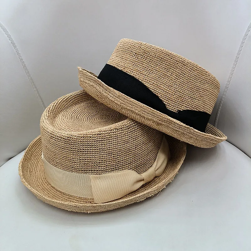 

LongBaiLi Unisex Summer Raffia Straw Porkpie Hats For Men Fedoras Women Sun Protection Beach Hat