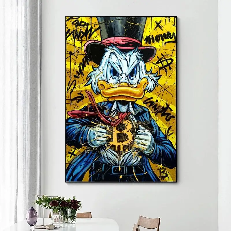 Disney Donald Duck B Bitcoin Money Art Canvas Painting Funny Color Graffiti Wall Poster Prints Living Room Home Pictures Decor