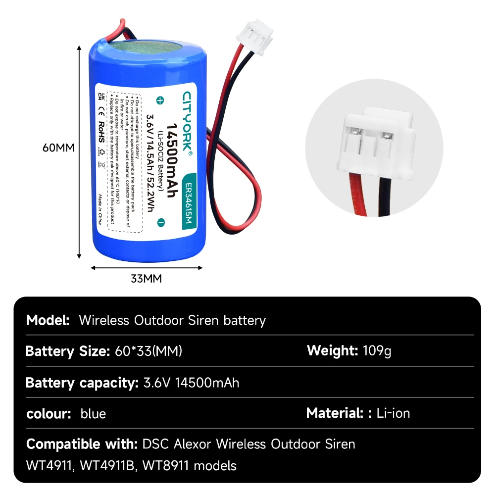 14500mAh 3.6V ER34615M 교체용 리튬 이온 배터리 DSC 알렉소르 무선 야외 경보기 WT4911, WT4911B, WT8911에 적합