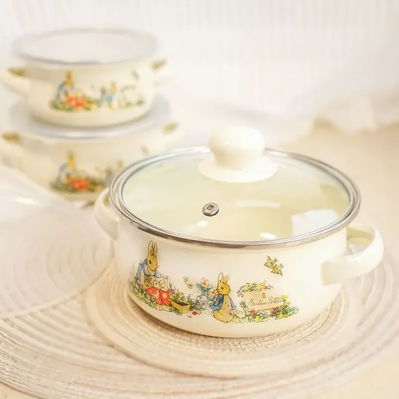 Enameled Enamel Baby Complementary Bowl, Japanese Tableware with Lid, Cooking Pots and Pans, Double Ears