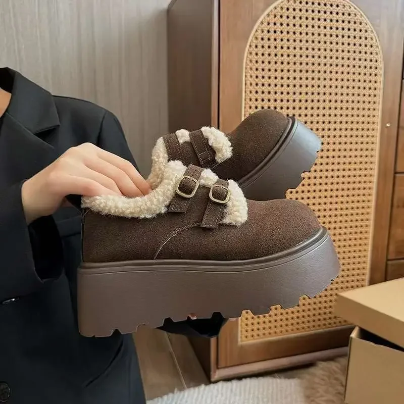 أحذية شتوية نسائية سميكة القاع مبطنة بالصوف مغطاة بالكامل بتصميم عتيق أحذية قطنية مريحة ونعل مطاطي وكعب مسطح #3