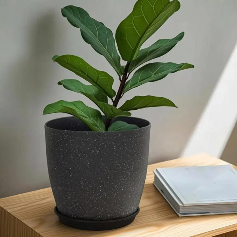 Neutral Toned Plant Pots for Deck Modern Stone-look Plant Pot with Saucer Gray Flower Planter with Drainage Holes Indoor Outdoor