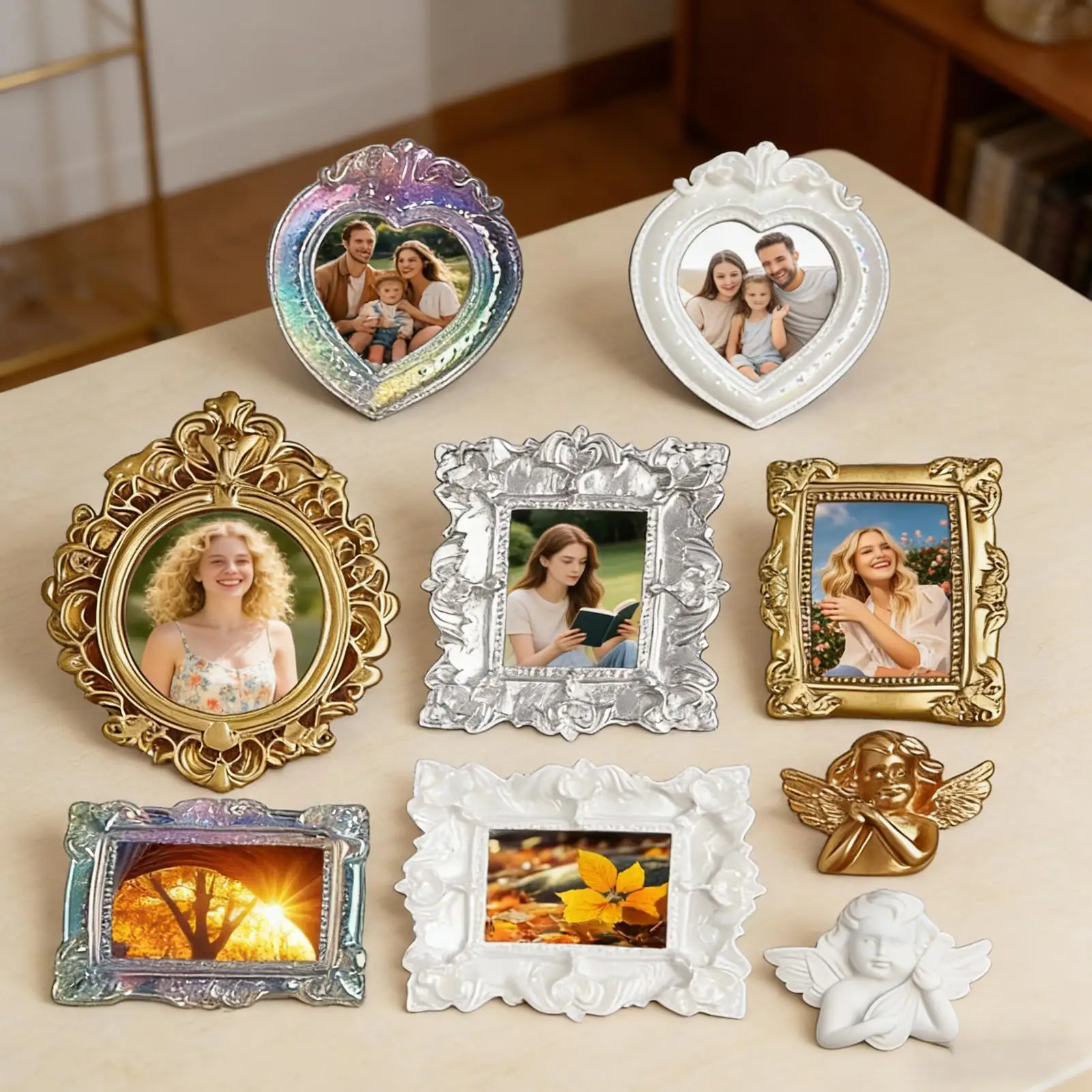 Vintage Mini Picture Frames 9 Pieces Tiny Antique Small Vintage Photography Decor Mini DIY Picture Display Frame for Photography