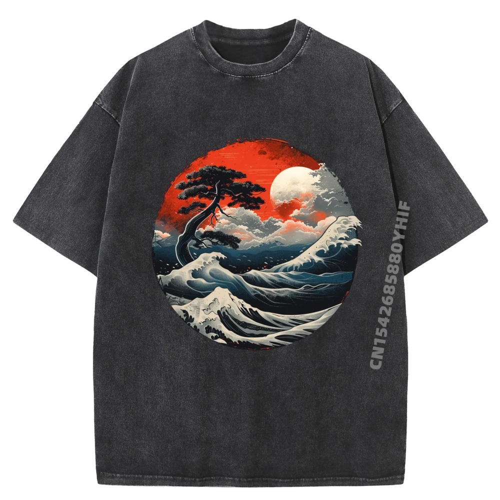 

Japanese Red Sun and Great Wave Art Traditional Landscape Harajuku Shirts For Men Soft Washed Shirt Chinese Style