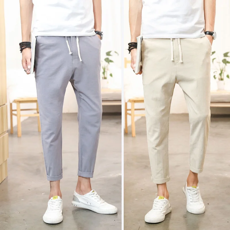 

Slim Fit Cotton Linen Men's Summer Casual Pants Trendy Korean Sle Thin Leggings Nine Point Loose Fit Teenage Casual Trousers