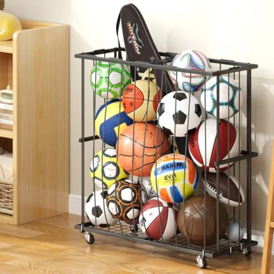 

Large Garage Ball Storage Rolling Floor Sports Equipment Organizer: Freestanding Ball Rack with Elastic Rope for Basketball Soc