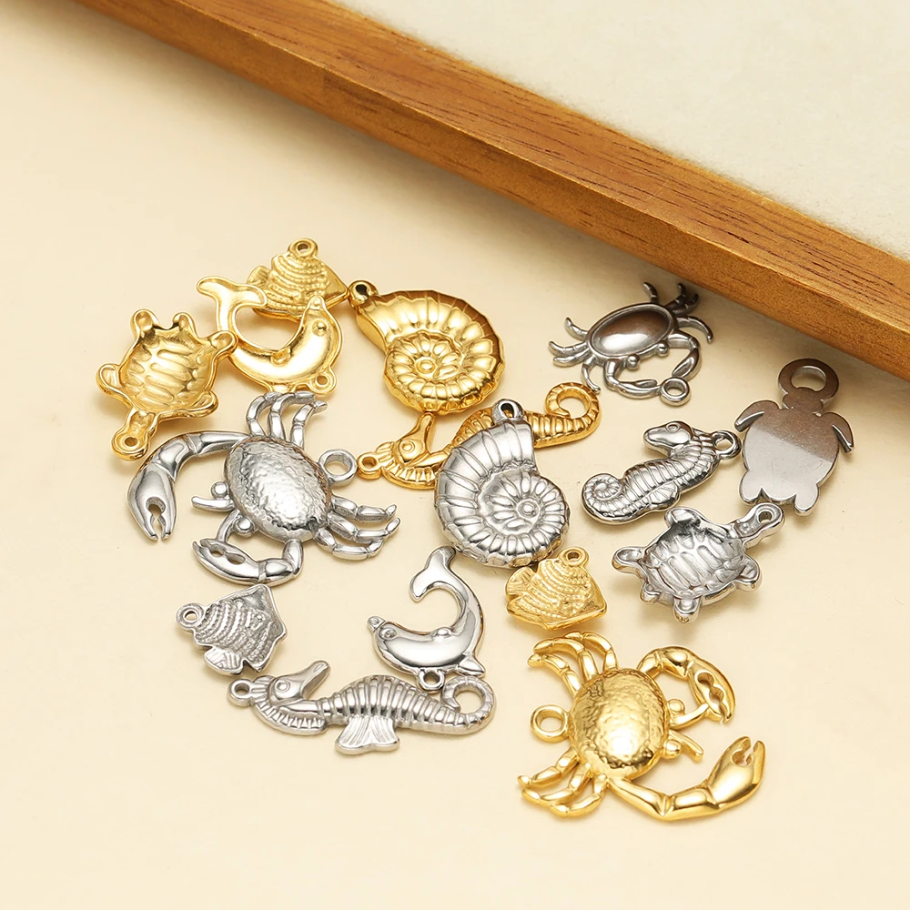 5 Stück Sommer-Ozean-Delfin-Seepferdchen-Krabben-Schildkröten-Anhänger aus Edelstahl für DIY-Ohrringe, Halsketten und Armband-Zubehör – Detail 4