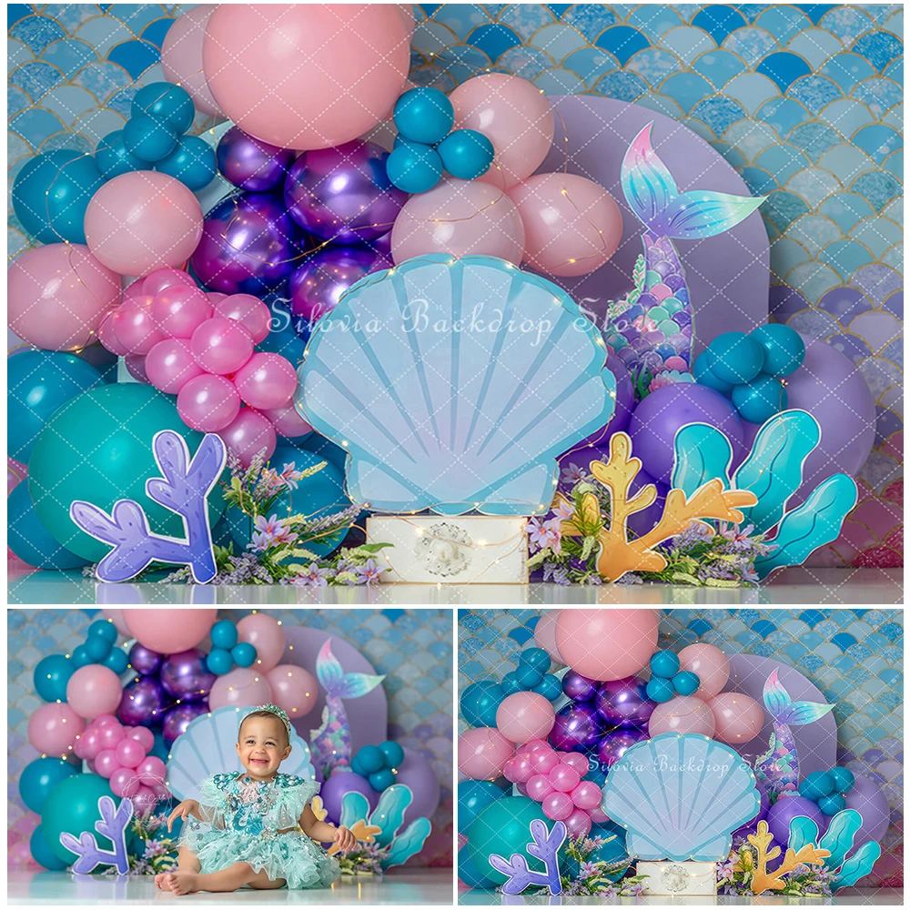 

Mermaid Under the Sea Photography Backdrop Princess First Birthday Cake Smash Photo Background Shell Balloons Photo Studio Props