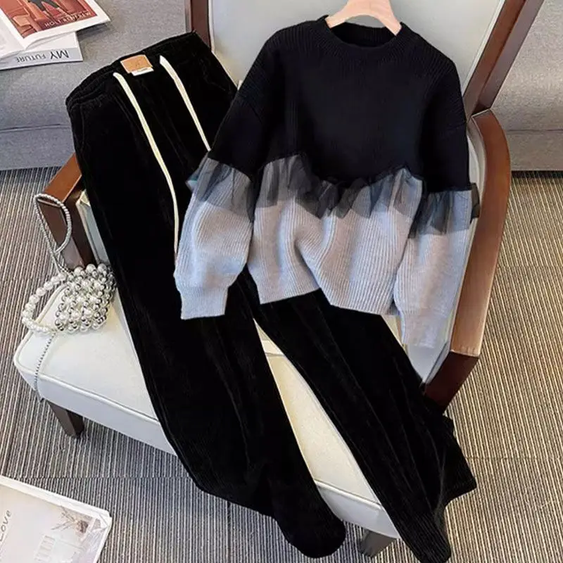 Women's Set 2024 Autumn/Winter New Slim Fit Fashion Age Reducing Knitted Sweater Wide Leg Pants Two Piece Set Trendy