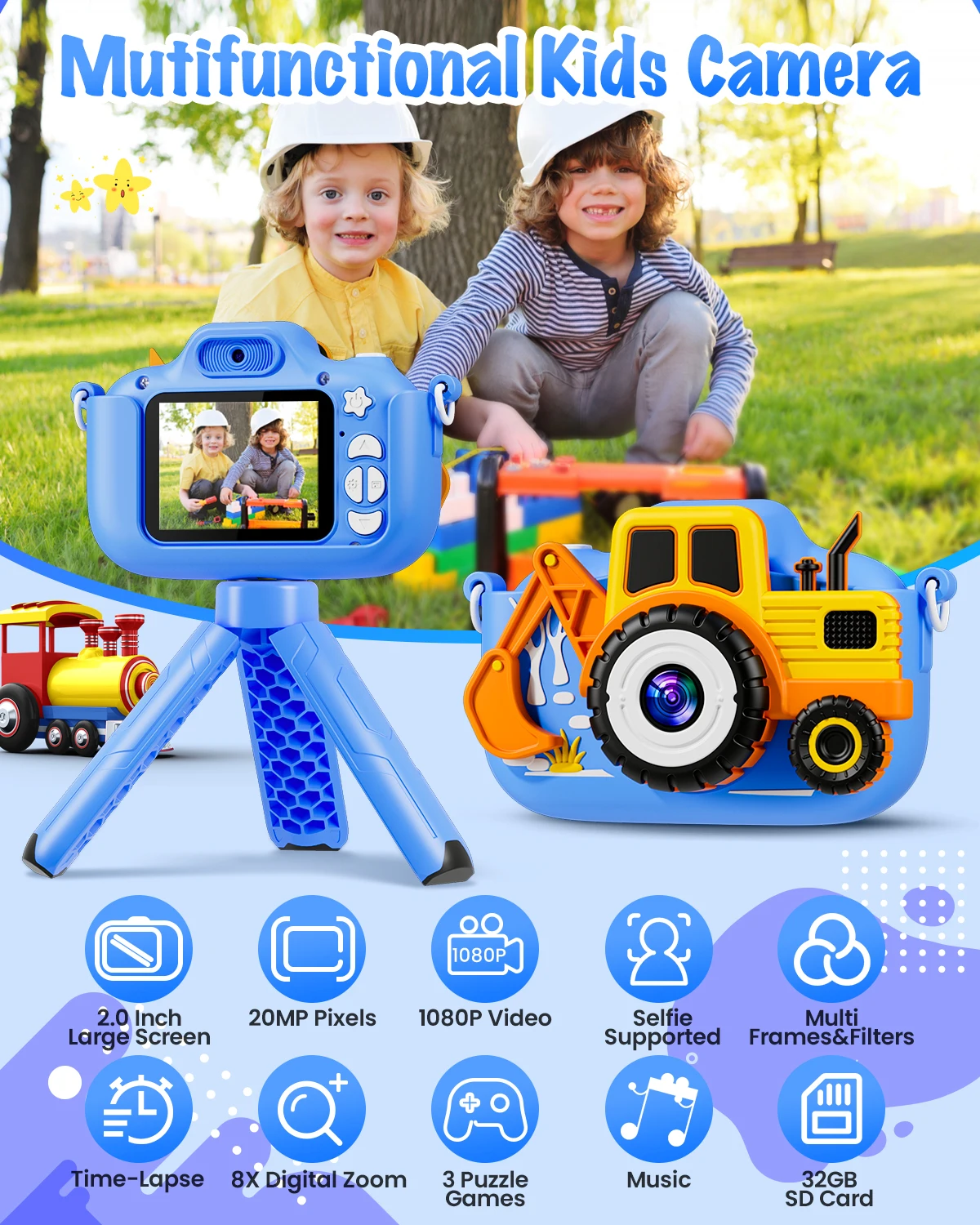 Gofunly 2,0-Zoll-Kinderkamera, 1080P HD-Digitalkamera, tragbare Videokamera mit 32 GB Speicherkarte und Stativ