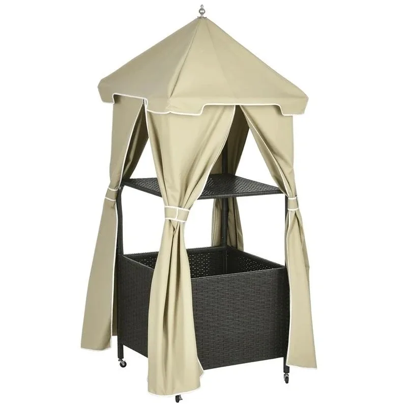 

Outdoor Towel Valet Caddy, Covered Poolside Towel Holder Rack, Shelf, Basket, Rolling PE Rattan Wicker Storage on Wheels, Beige