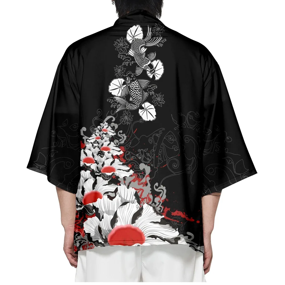 

Kimono Men Women Japanese Style Haori Clothing Summer Loose Yukata Black Carp Print Cardigan