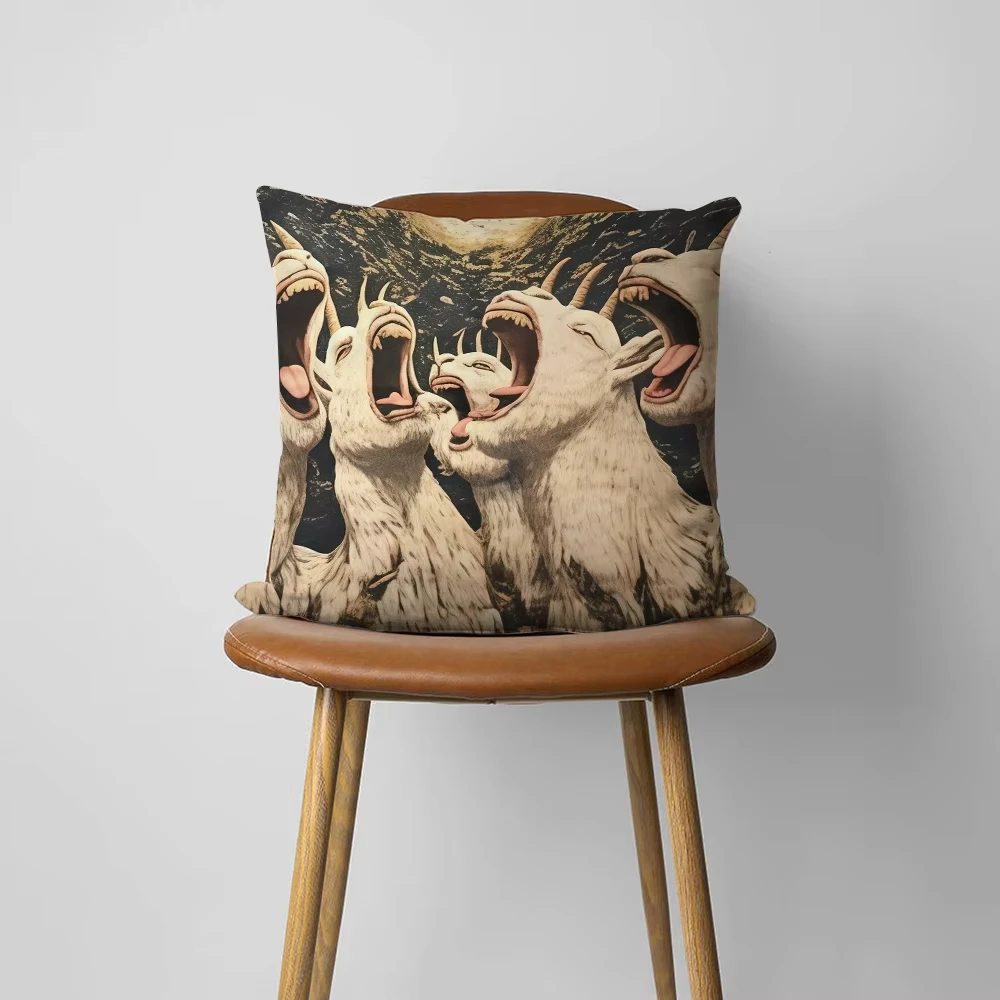 Spooky Goat Face Cushion Cover, Unique Pillow Case for Home Sofa Living Room Office Coffee Shop Car Decor