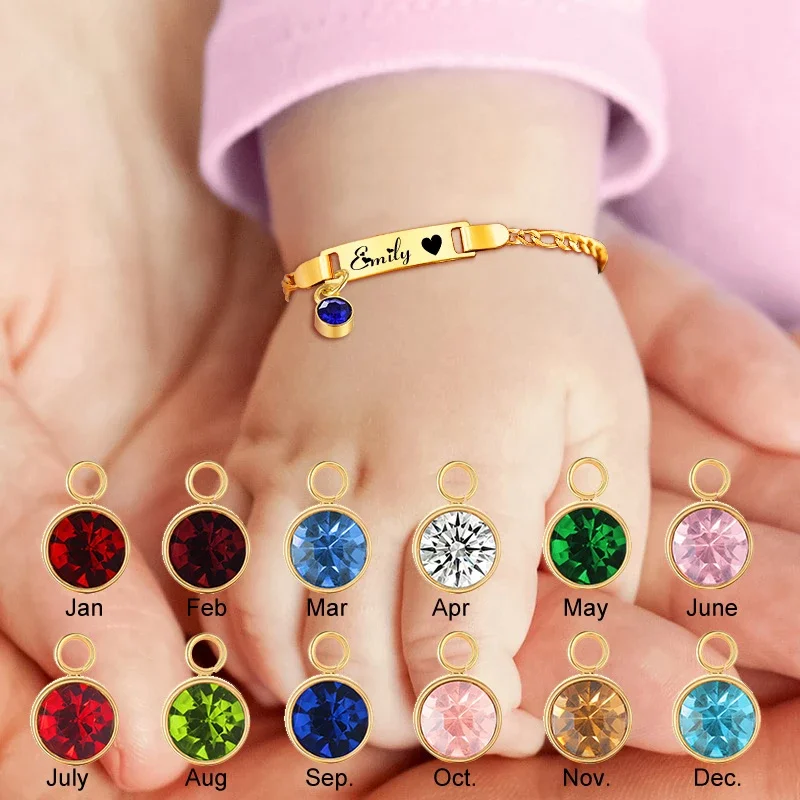 Stainless Steel Customized Birthstone Bracelet Baby Personalized Newborn Kids Children Engraving Name Bracelet Birthday Gift