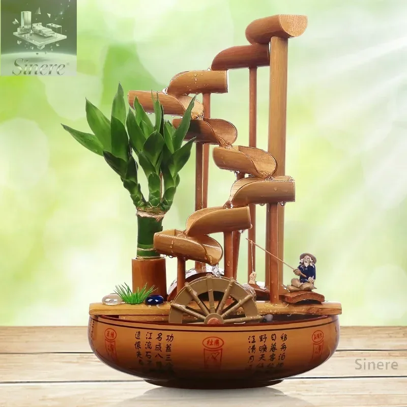 Ceramic flowing water fountain ornament Feng Shui wheel bamboo lucky creative water wheel home living room office desktop