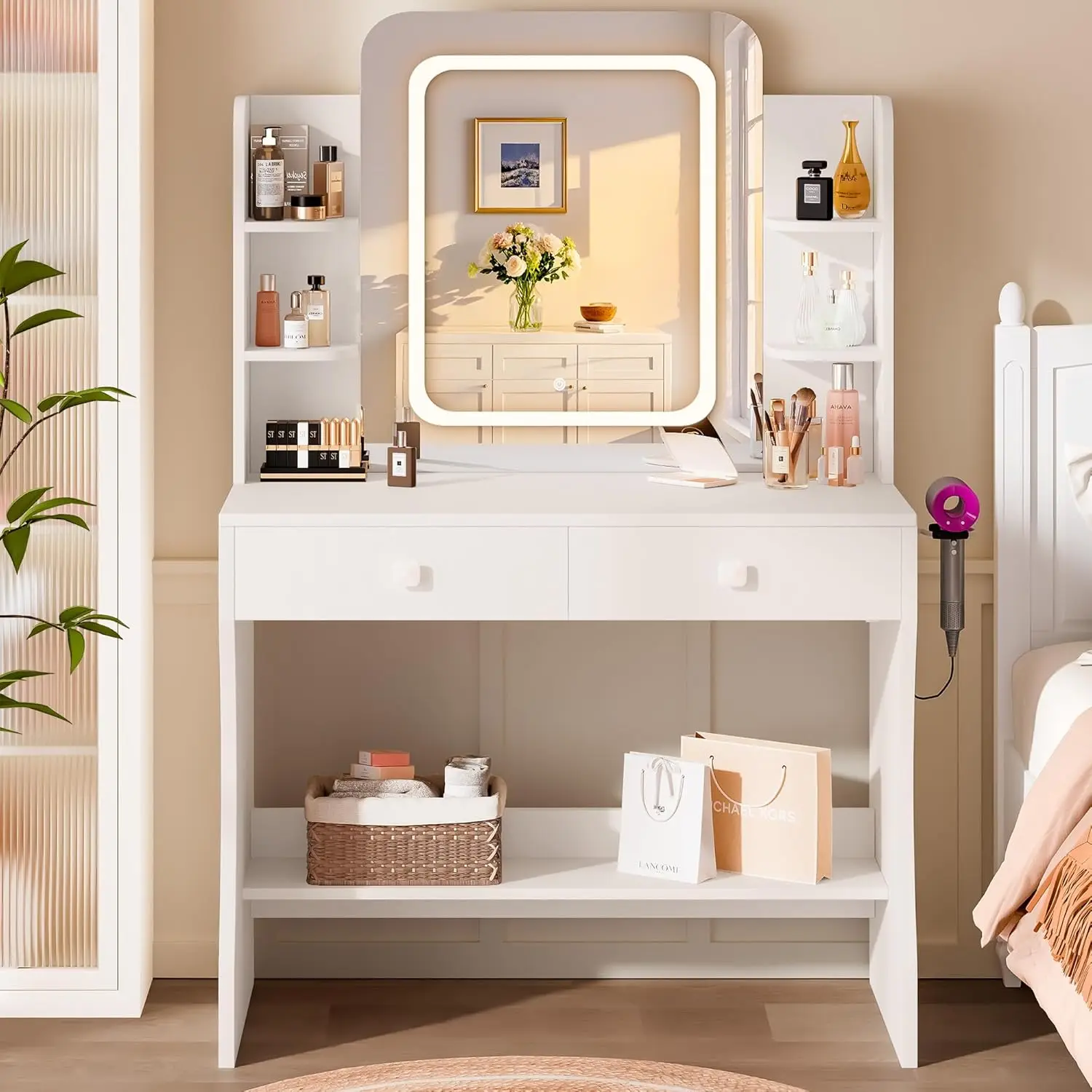 

Small Makeup Vanity Desk, 29.5" W x 15.8" D x 51.2" H, White (Smart LED Mirror, Hairdryer Rack, Power-Outlet, 5 Shelves, 2 Drawe