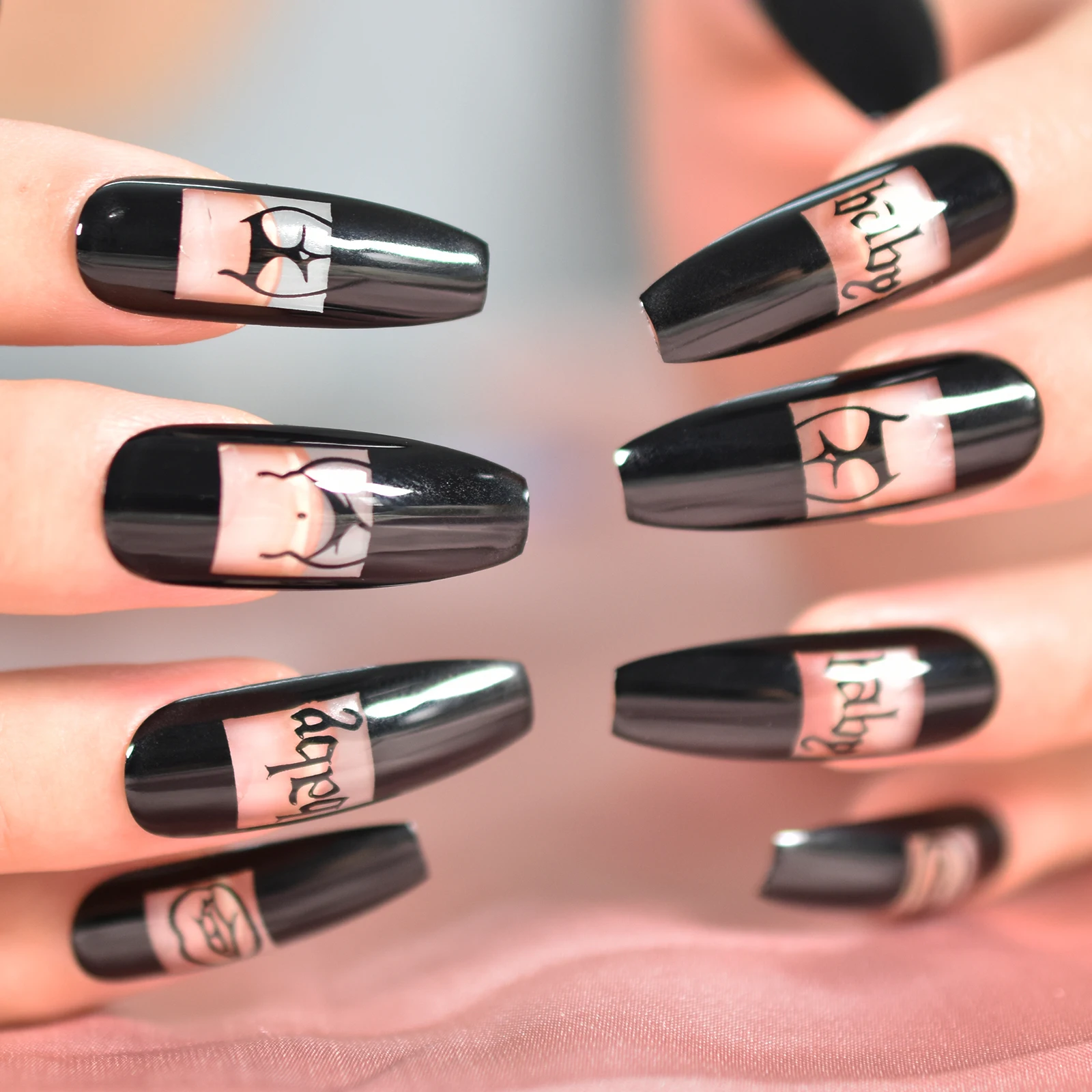 Medium Long Ballerina Press on False Nails Cool Black Fuuny Design Fake Nails Coffin Salon Manicure Reusable DIY Nail Art Tips 