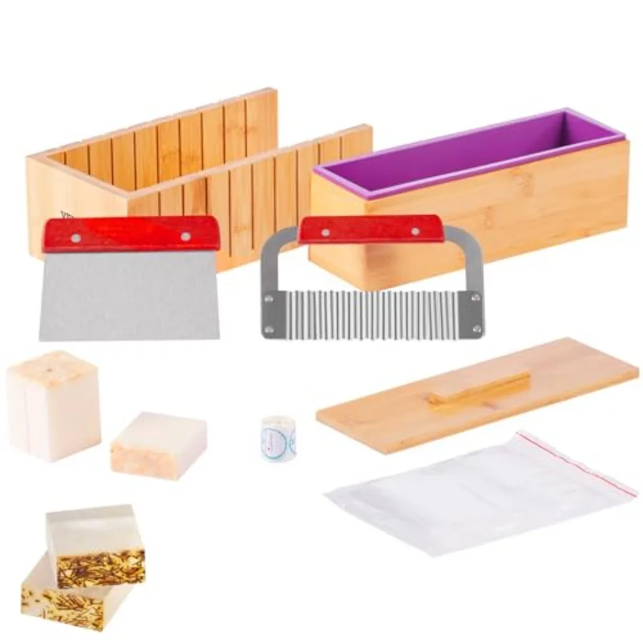 

Soap Making Kit Bamboo Cutting Box and Inner Box with Silicone Mold Stainless Steel Straight Cutter and Wavy Cutter 100 Bags an