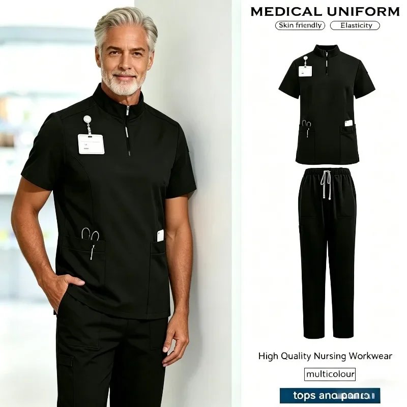 Two Piece Men's Frosted SPA Nurse Set Short Sleeved Top and Elastic Straight Leg Pants Beauty Salon Nursing Work Uniform