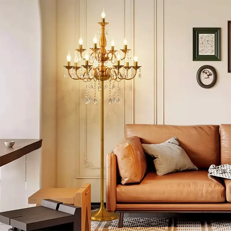 luxury antique gold candlestick floor lamp elegant crystal standing lamp suitable for living room villa hotel