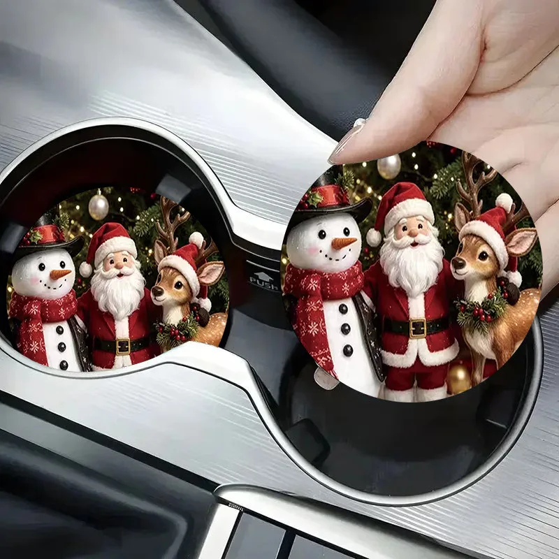 Classic Santa Gift Car Cup Holder Coasters 2Pcs Leather Non Slip Water Proof Cup Pad Universal 7cm Auto Coaster Set Easy Clean V