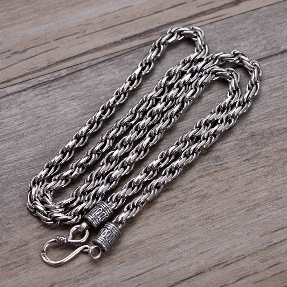 

Real Solid 925 Sterling Silver Chain Men 5mm Retro Twist Rope Necklace 45g/55cm