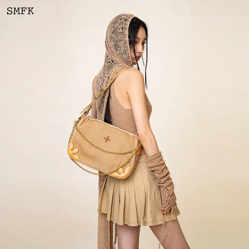 SMFK Compass Kitty Leather Bag Women Washed Cowhide Shoulder Bag Vintage Canvas Spliced Workwear Handbag 2023 New Underarm Bag