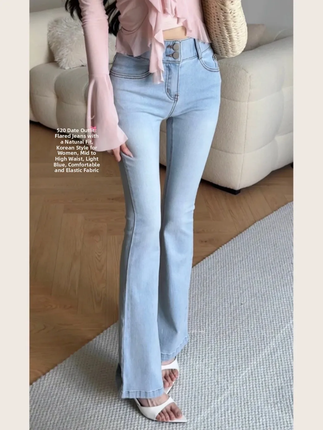 

High Waist Stretchy Women's Jeans Korean Sle Butt Lifting Flared Pants Casual Cotton Denim Button Closure Everyday Wear
