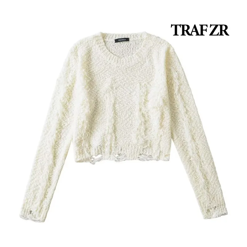 

TRAF ZR Women's Pullovers O-neck Summer Knitwear Cozy Sweaters Harajuku Vintage Y2k Knitted Sweater Long Sleeve Sweaters