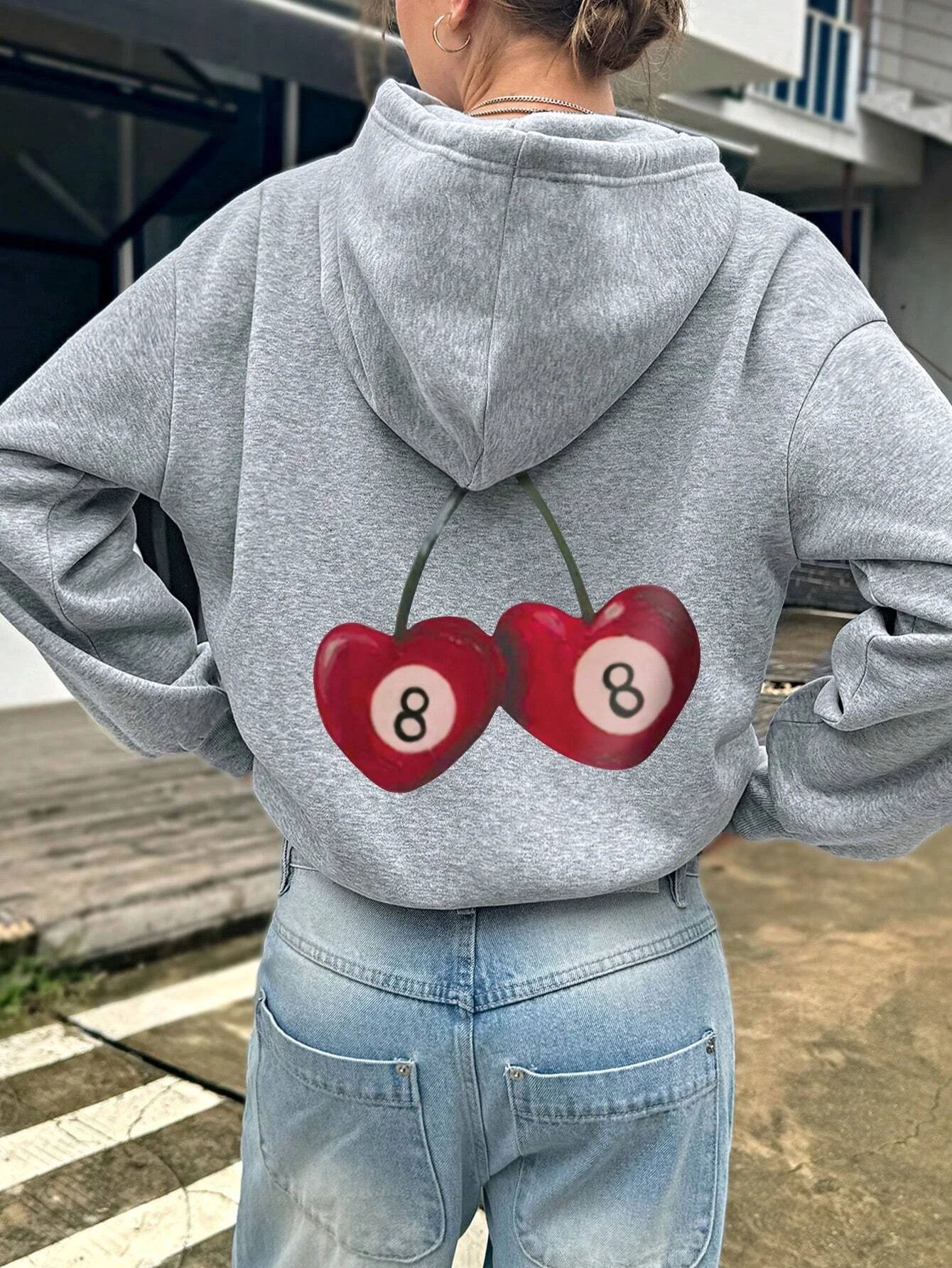 Heart Shaped Cherry Fruit Hoodie Woman Number 8 Spring Autumn Hoodies Warm Fleece Women Hoody  Fur-liner Casual Clothing