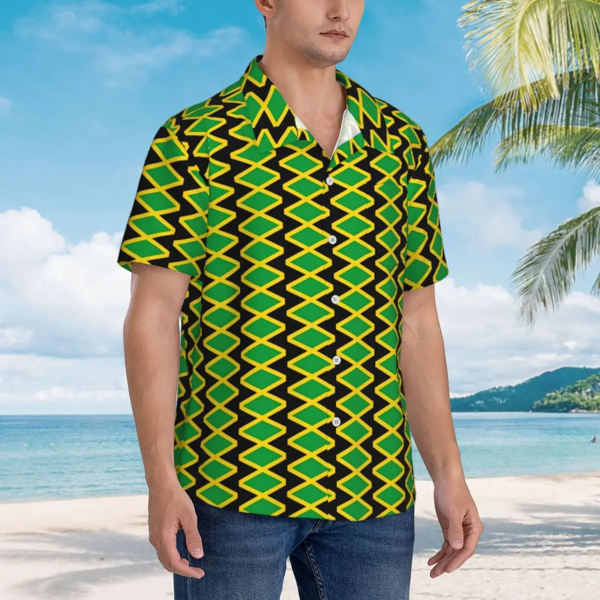 Jamaican Flag Beach Shirt Yellow Green Hawaiian Casual Shirts Men Vintage Blouses Short-Sleeve Y2K Street Custom Tops