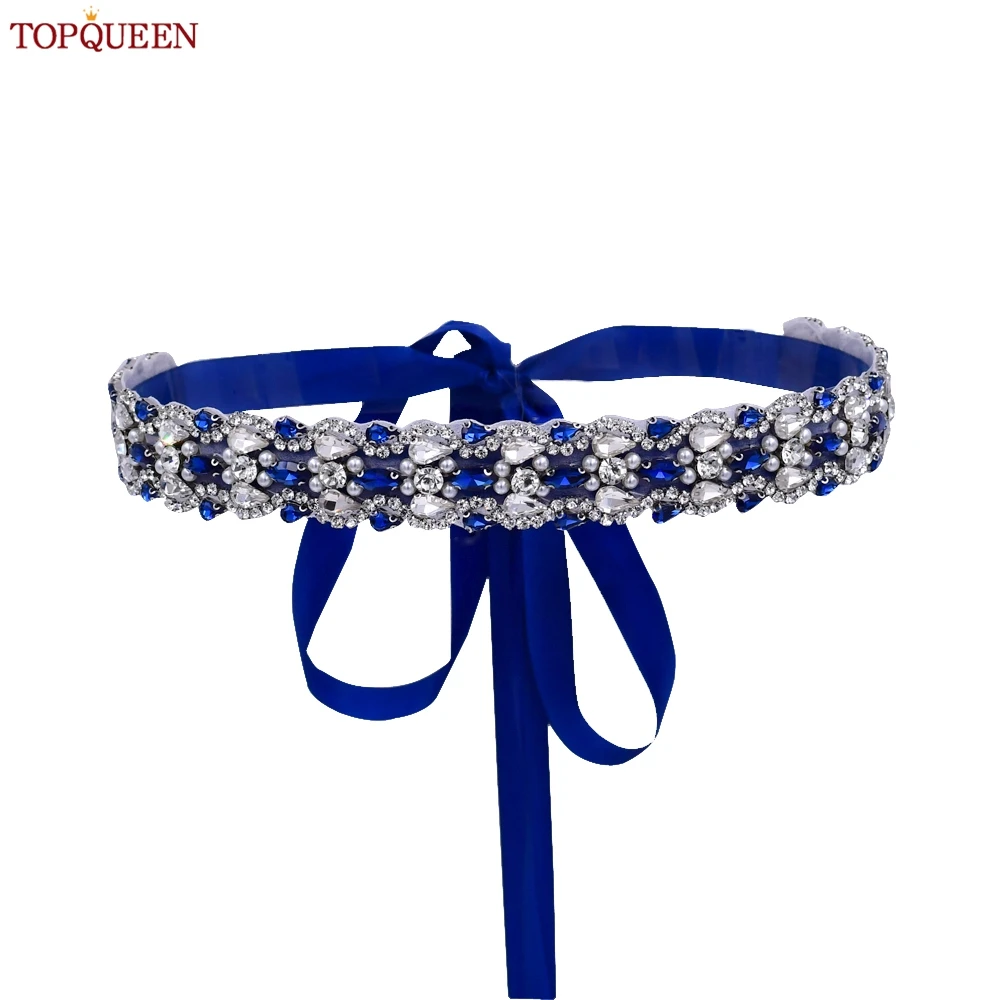 TOPQUEEN Wedding Sash Accessories Navy Blue Diamond Bridal Belt Hand Beaded Rhinestone Patch Bridesmaid Sash S466-ML