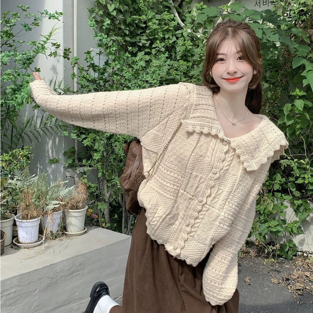 Sweet Sweater Loose Fashionable Coat Korean Doll Neck Versatile Tops 2024 Spring New Large Size Casual Knitted Cardigan Women's