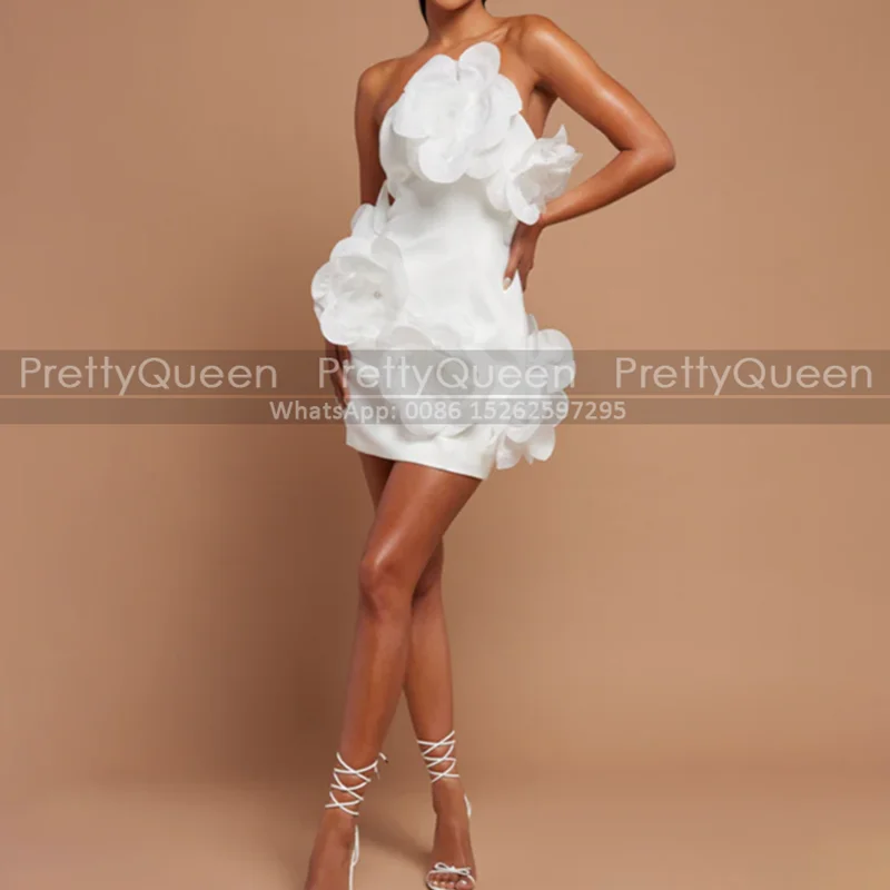 

White Flowers Short Prom Dresses Sheath Strapless Sleeveless Customized Mini Evening Dress Party For Women