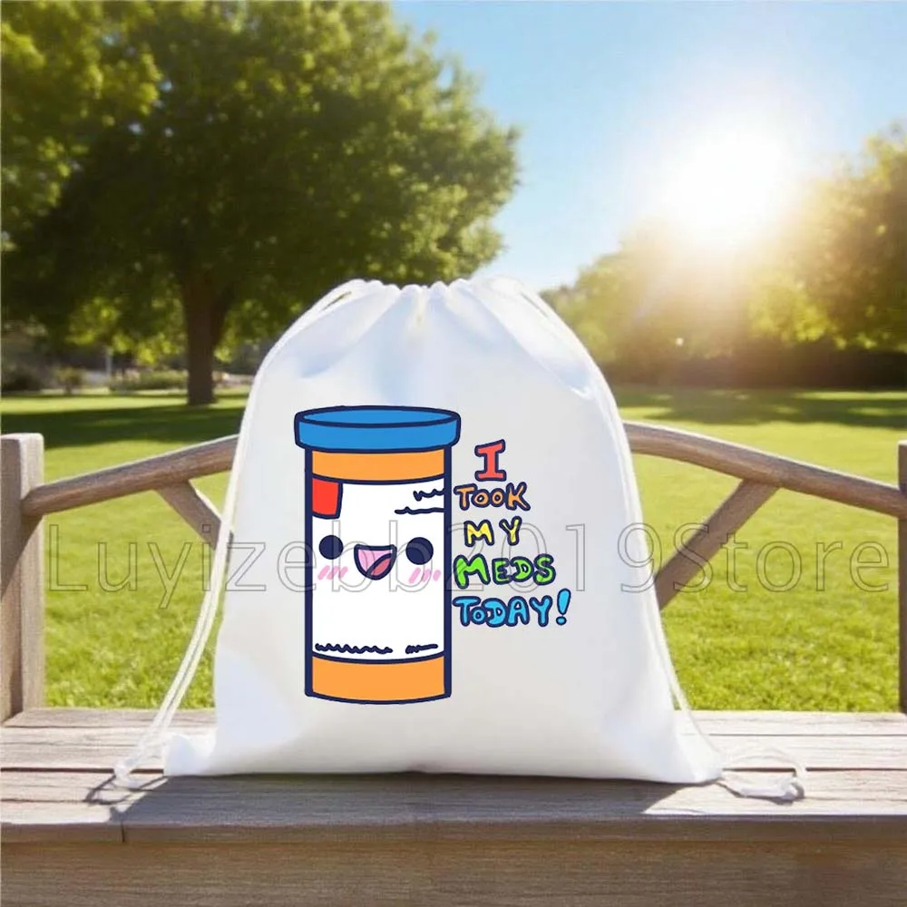 Funny Take Your Meds Mental Health Love Yourself Therapist Canvas Drawstring Bags Soccer Backpack Gym Sackpack Gifts String Bag