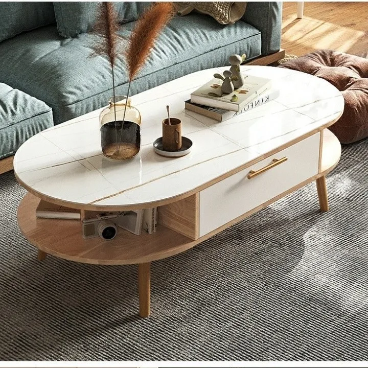 

Living room solid wood oval coffee table combination TV cabinet simple small apartment marble glass rock slab pattern tea table