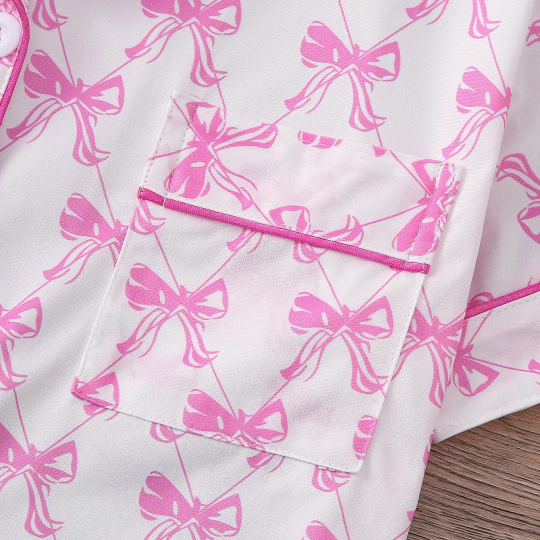 Pink Pajamas with Little Bow Print Lapel Short Sleeves and Shorts Home Wear Set Loungewear Clothes Gifts for Women