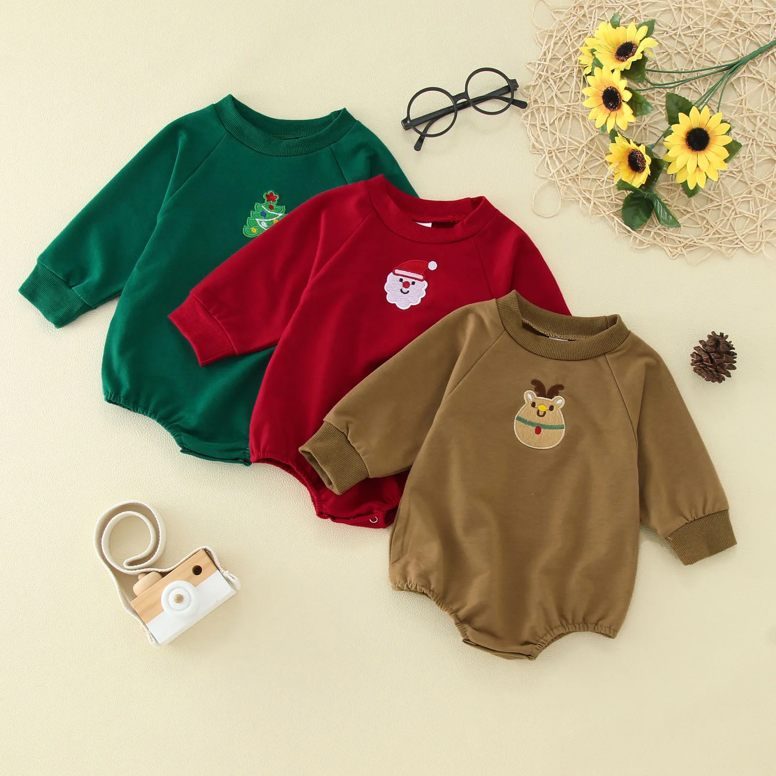 Christmas Casual Romper Infant Boy Girls Long Sleeve Cartoon Pullover Romper Jumpsuits Newborn Sweatshirt Bodysuits Xmas Clothes