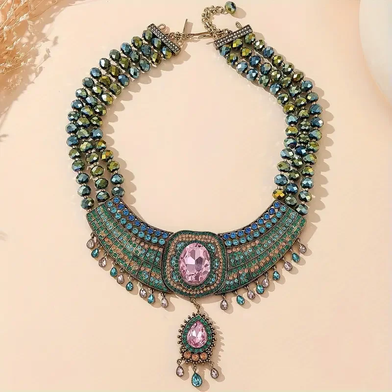 1pc Vintage Luxury Handmake Full Colorful Rhinestone Water Drop Pendant Tassels Necklaces，For Women Trendy  Glamorous Necklace