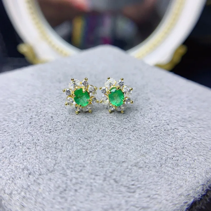 Natural Columbia Emerald Earrings for Women Anniversary Gift Fine Jewelry 925 Sterling Silver 4*5mm Gemstones